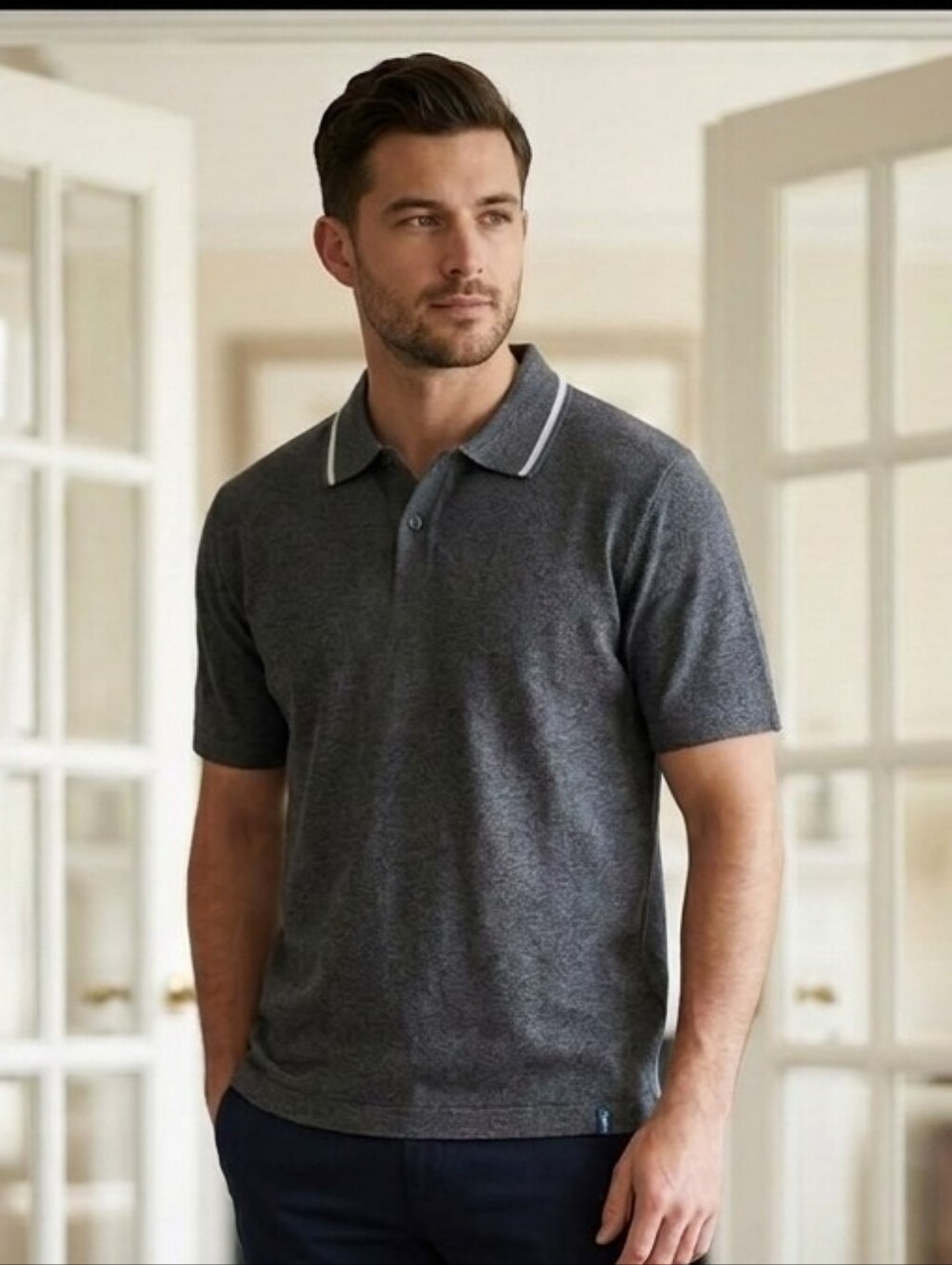 Agenda Men’s Charcoal Grey Polo with White Collar Trim